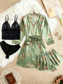 5 piezas Conjunto de lencería sexy para mujer Nuevo Lanzamiento: Bata de satén de manga larga y top de camisola de encaje con copa triangular y pantis semitransparentes de corte triangular sólido y pantalón corto estilo boxer con estampado y cinturón de satén Conjunto de pijama de ajuste relajado y cómodo