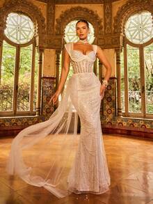 Faeriesty 优雅迷人的闪亮晚礼服，饰以精致的串珠和亮片——薄纱面料上点缀着垂直串珠扇形图案，修身鱼尾廓形 | 适合红毯活动、婚礼招待会、盛大生日派对、夏季度假派对等正式场合，白色春季款 - 白色 - 查看 6