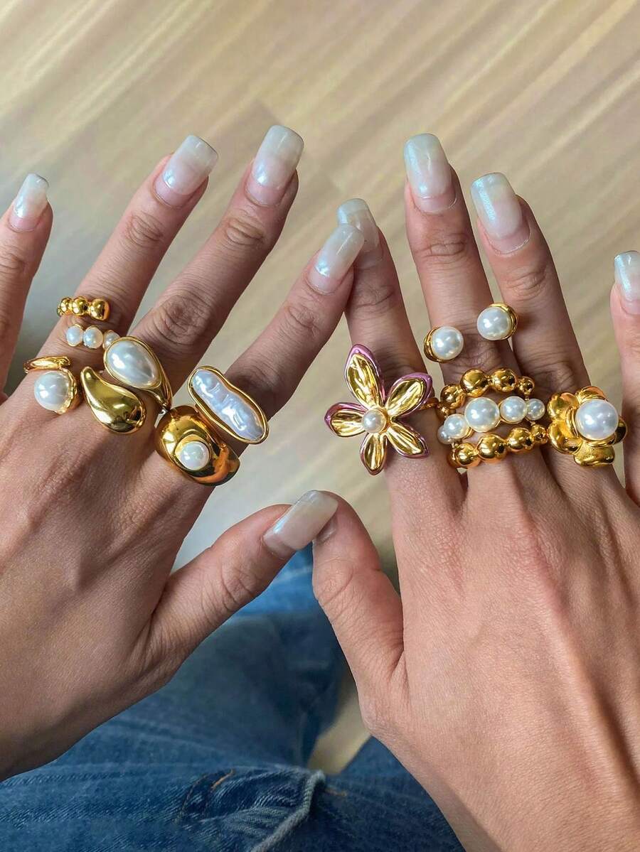 4pcs Elegant Vintage Coin Flower Shaped Pearl Decor Ring Set For Women, Suitable For Vacation, Party, Wedding, Birthday, Daily Wear (No Box) - Yellow Gold - View 1