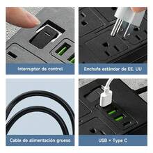Regleta Cargador Multicontactos Premium Con 10 Salidas 3 Puertos Usb 1 Tipo C Extensiones Negro 14 Tomas 2m American Standard - Tipo de Enchufe A USA (110-127V) - Ver 6