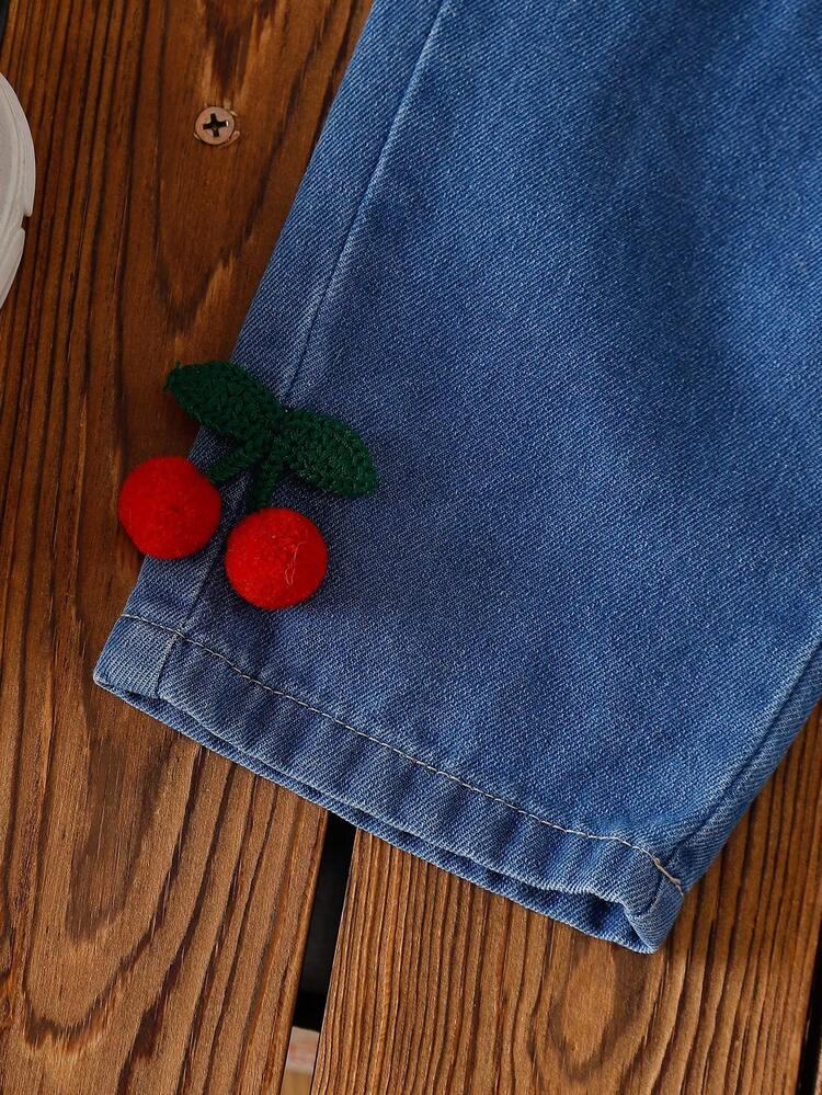 2pcs Baby Girls Cherry Embroidery Long Sleeve Top And Long Denim Pants Set - Multicolor - View 9