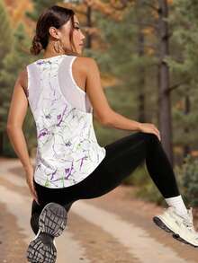 大码女式夏季新款白色碎花印花健身运动背心，轻盈速干瑜伽无袖运动衫，宽松罩衫女式网眼拼接露背背心，透气健身运动服女式运动T恤，女式万圣节图案T恤 - 白色 - 查看 3
