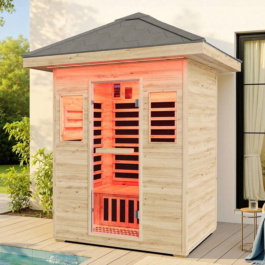 Outdoor Infrared Sauna For Home, Spruce Wood Dry Sauna 1/2/4 Person, Low EMF 2645W/240V Design With Tourmaline Stone Foot Warmer, 7-Color Light Therapy & Dual Bluetooth Speakers - 2 Person Outdoor Sauna - View 1