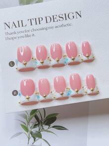 10片装Y2K风鸭嘴美甲套装 - 手工制作，粉色、白色、法式白底美甲，手绘法式白底设计，闪亮水钻和金色星星 - 适合女性和女孩，派对、婚礼、日常佩戴，DIY美甲，美甲套装，包含工具包。鸭嘴美甲。短款美甲。短款美甲贴片。手工亚克力美甲贴片。假指甲。美甲用品 - 彩色 - 查看 12
