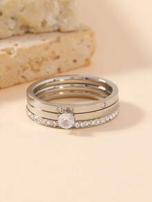 3pcs/Set Fashionable Luxury Delicate Stainless Steel Rhinestone & Cubic Zirconia Rings Set, Suitable For Teenagers Daily Wear And Gift - Ring - View 6