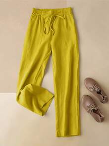 Comfortable Women's Casual Straight Leg Pants With Pleated Waist And Decorative Drawstring, Mid-Length - Yellow - View 1