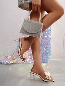 Women's High Heel Sandals With Chunky Heel, Fashionable Wedding Princess Shoes In Butterfly & Flower Design - White - View 4