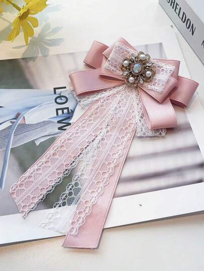 1件花卉印花优雅涤纶领带，复古蕾丝蝴蝶结发夹配精致水晶珍珠顶夹，仙气飘飘的雪纺丝带发饰