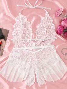 女士蕾丝连体衣 - 性感露裆内衣，白色春季款 - 白色 - 查看 4