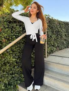 YEOREO Top de Pilates para Mujeres, Manga Larga, Atado, Ballet, Entrenamiento, Yoga, Camiseta Michelie Y2K, Cuello en V, Tops Cortos - Blanco - Ver 3