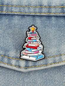 1pc Book Christmas Tree Badge Colorful Meme Style Stacked Books Holiday Design For Book Lovers And Christmas Fans Seasonal Accessory - Multicolor - View 4
