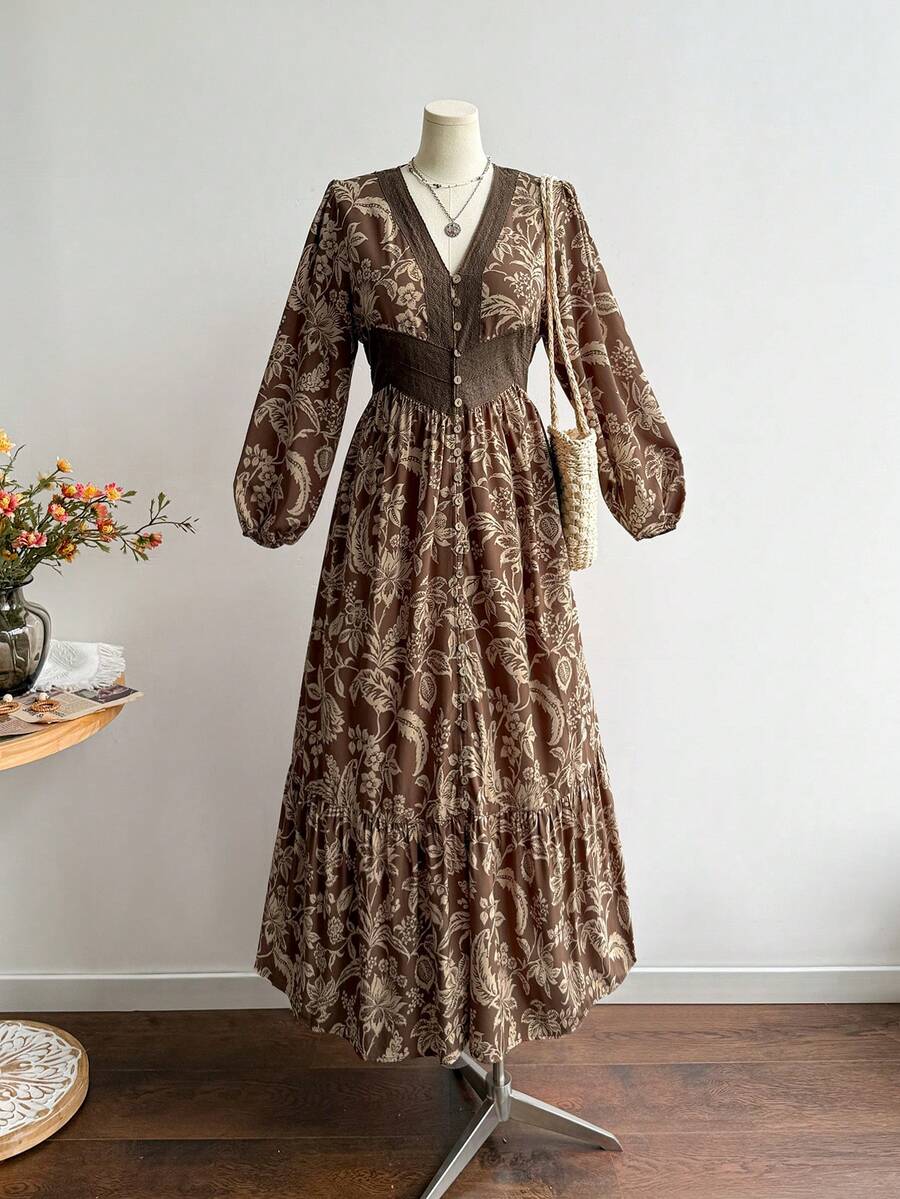 Rusttydustty 女士V领长袖连衣裙，棕色碎花印花，适合度假、下午茶、波西米亚风日常穿着，也适合秋冬季、情人节、新年和派对等场合。 - 棕色 - 查看 1