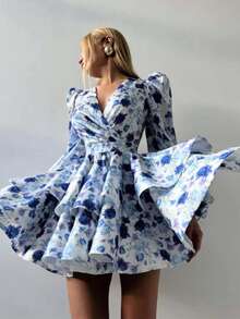Solstice Apparel Backless Blue Rose Print Dress, Puff Long Sleeve V-Neck Layered Ruffle Mini Dress, Retro Elegant Style, Great For Weddings, Parties & Music Festivals, Spring Summer - Blue - View 5