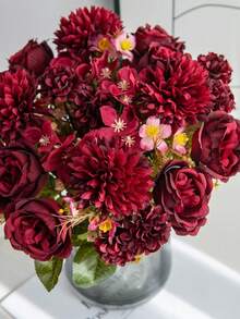 1/80pcs 11.81 Inch Artificial Silk Hydrangea, Peony, Rose, Chrysanthemum Flowers, Realistic Flowers For DIY Wedding Bouquets, Party, Home Living Room, Kitchen, Garden, Hotel, Office, Thanksgiving Decor, DIY Wreaths, Gifts, Tabletop Centerpieces, Birthday Decor, Indoor/Outdoor Decoration, Loose Fake Plastic Flowers For Vase, Farmhouse Decor, Boho Wedding, Rama Decor, Valentine's Day Gifts - Burgundy - View 5