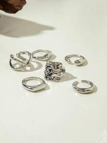 5件/6件/7件套简约优雅奢华不对称几何交叉镶钻复古光滑戒指套装，女士适用，适合派对、聚会、送礼