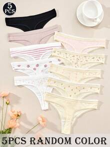5pcs Women's Panties Set, Minimalist Cute Cotton Panties, Floral Hollow-Out Thong - Multicolor - View 2