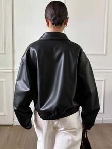 Livesso Chaqueta de piel de imitación con bolsillos en ángulo, ropa de mujer de otoño - Negro - Ver 3
