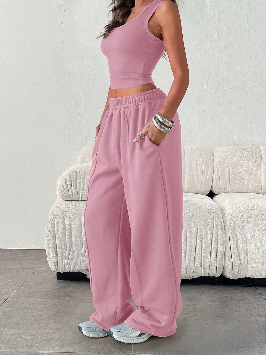女士休闲宽松纯色松紧腰带口袋运动裤 - 粉色 - 查看 1