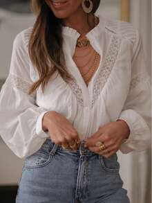 Áo kiểu nữ màu trắng trơn phối ren. - trắng - Xem 3