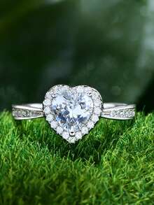 FOREVER QUEEN 一套925纯银时尚经典简约心形6毫米闪亮钻石戒指项链耳环三件套首饰套装，新娘礼物