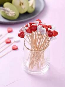 100pcs/50pcs Valentine's Day Heart Theme Skewers - Red & White Heart "Love" Pendant, Heart Shaped Bamboo Toothpicks, Bamboo Skewers, Ideal For Cakes, Desserts, Salads, Sandwiches - Birthday, Wedding, Valentine's Day Events, Parties, Restaurants And Home, Holiday Tableware, Decorative Skewers, Bamboo Picks - Multicolor - View 2