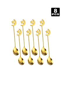 2/4/6/8pcs Stainless Steel Coffee Spoons, Moon & Star Shaped Dessert Spoons, Suitable For Afternoon Tea, Ramadan Gift - Gold - View 5