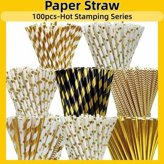 100 piezas/Paquete Pajitas de papel con lámina de oro elegante y lujosa, adecuadas para el Día de San Valentín, Año Nuevo, Navidad, bodas, bares, cumpleaños, decoración de pasteles y manualidades y decoración de postres