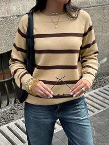 Pulover HoloChill pentru femei, casual, cu guler rotund, cu dungi, în culori blocate, model casual de vară, model nou, Carnaval