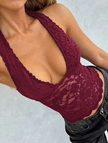 Vaiaye Women's Knitted Sexy Lace Backless Camisole, Solid Color V-Neck T-Shirt, Suitable For Valentine's Day Wear, Spring/Summer - Burgundy - View 1