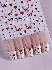 2片红色爱心蝴蝶结美甲贴纸，3D自粘浪漫爱心图案美甲贴，情人节美甲装饰，易于粘贴，适合女性，爱心美甲贴纸，美甲用品 - 紅色 - 查看 5