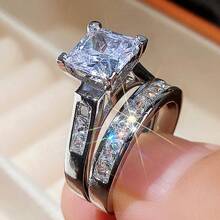 2Pcs Delicate Women's Fashion 925 Silver Plated Zirconia Wedding Ring Set Wedding Band Anniversary Gift Party Valentine's Day Engagement Women Jewelry Size 4-11# - 銀色 - 查看 4