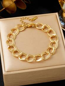 RAYQUEEN Set Perhiasan Kalung dan Gelang Fashion Geometris Stainless Steel Baru, Cocok untuk Pemakaian Sehari-hari - Yellow Gold - View 4