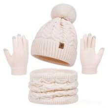 Set de 3 piezas de gorro de punto, bufanda y guantes con pantalla táctil para mujer en invierno, de doble capa y tejido con textura con decoración de pompón, adecuado para esquiar, viajar, conducir, citas, regalos y uso diario en invierno, regalo de San Valentín - Multicolor - Ver 3