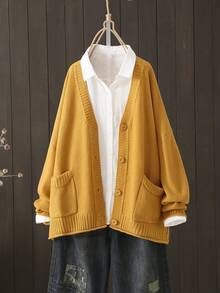 Plus Size Solid Color Front Buttoned Long Sleeve Pocket Top, Casual Daily Wear, For Winter - Yellow - View 1