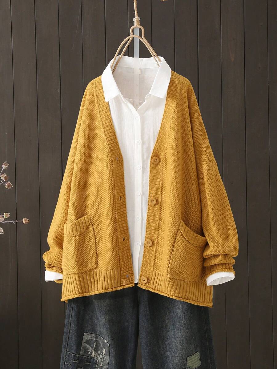 Plus Size Solid Color Front Buttoned Long Sleeve Pocket Top, Casual Daily Wear, For Winter - Màu vàng - Xem 1