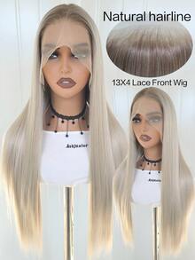 Luxury Grey-Golden Straight Synthetic Wig - 13x4 Transparent Lace Front, Pre-Plucked Remy Hair, Dark Roots, Full Ends, Suitable For Women - Blonde Ombre - View 16