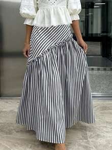 Fashionable Loose A-Line Striped Patchwork Pleated Versatile Skirt - Black and White - View 3