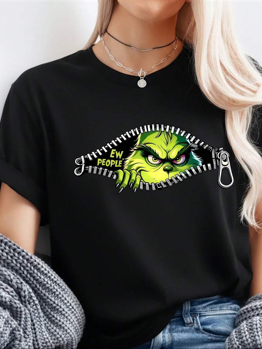 Camiseta informal con estampado del "¡Qué gente más asquerosa!", cuello redondo, hombros caídos, manga corta, largo regular, tejido de punto ligeramente elástico. - Negro - Ver 1