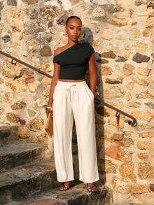 Yess Loren Women's Solid Color Loose Straight-Leg Pants With Elastic Waist Drawstring, Casual For Summer Linen - Apricot - View 1