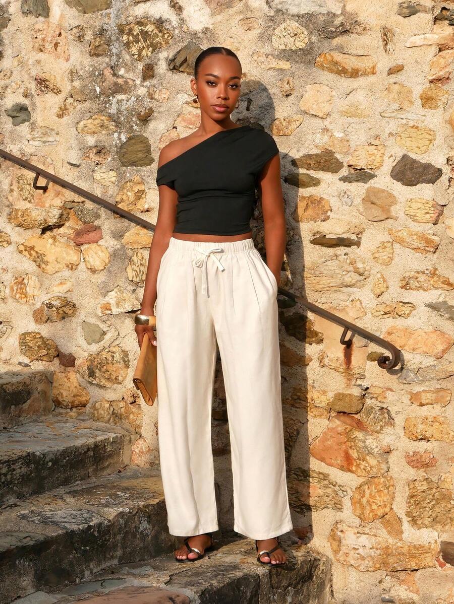 Yess Loren Women's Solid Color Loose Straight-Leg Pants With Elastic Waist Drawstring, Casual For Summer Linen - Apricot - View 1