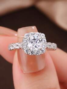 1 pieza Anillo de boda de plata de ley 925 chapado en platino con diamantes cuadrados de lujo engastados, diseño de pavé, versátil para uso diario y ceremonia de boda - Blanco - Ver 1