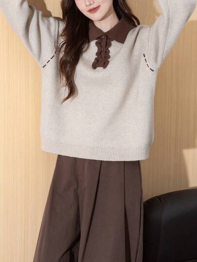 Alicedudu 女士复古风格拼色圆领毛衣，优雅秋冬