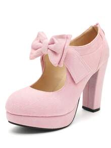 MAIERNISI JESSI Womens Bow Heels Mary Jane Shoes Round Toe Platform Chunky High Heel Vintage Dress Pumps - 粉紅色絨面 - 查看 17