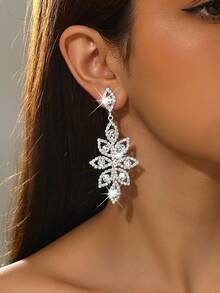 1 Pair Fashionable Copper Chain Snake Shaped Long Tassel Crystal Dangle Earrings, Chic Style For Women Party - Silver - View 5