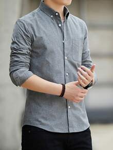 Camisa de manga larga de color azul sólido clásica para hombre, elegante de negocios casual caballerosa - Gris Claro - Ver 3