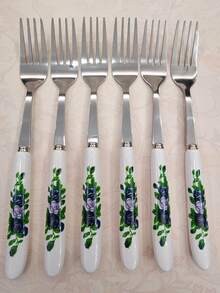 4/24件套精美蓝色玫瑰印花陶瓷柄不锈钢餐具，包括叉子、甜点勺、汤勺、牛排刀，独特优雅的餐具套装，适用于家庭、餐厅、厨房、日常用餐、派对和节日聚会。 - 銀色 - 查看 6