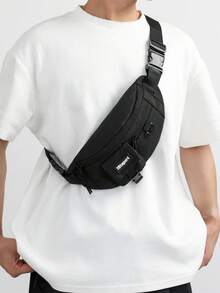 字母印花男士单肩腰包、时尚腰包、返校用品、带徽标印花、单肩包、休闲运动风格爸爸学院包休闲户外骑行包黑色包学生大容量多功能度假胸包臀包旅行必需品假日必需品男士包夏季返校腰带夏季包春假包腰带包