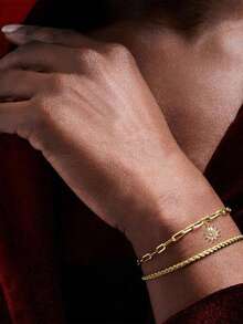 Set de 2 piezas de pulsera apilable con cadena básica multicapa, cadena trenzada, cadena de clip de papel, flor de girasol con incrustaciones de cobre y circonita, regalo de joyería - Amarillo Oro - Ver 2