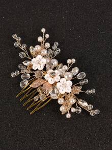 1件装女士优雅手工金属叶片粘土花朵配仿珍珠发梳，新娘婚礼派对发饰，发髻延长发饰，发型发夹，头部饰品，女士发饰 - 彩色 - 查看 3