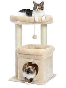 PAWZ Road 23.6" Small Cat Tree Flower Cat Tower For Indoor Cats With Private Cozy Cat Condo, Natural Sisal Scratching Posts And Plush Pom-Pom For Small Cats - 米色 - 查看 9